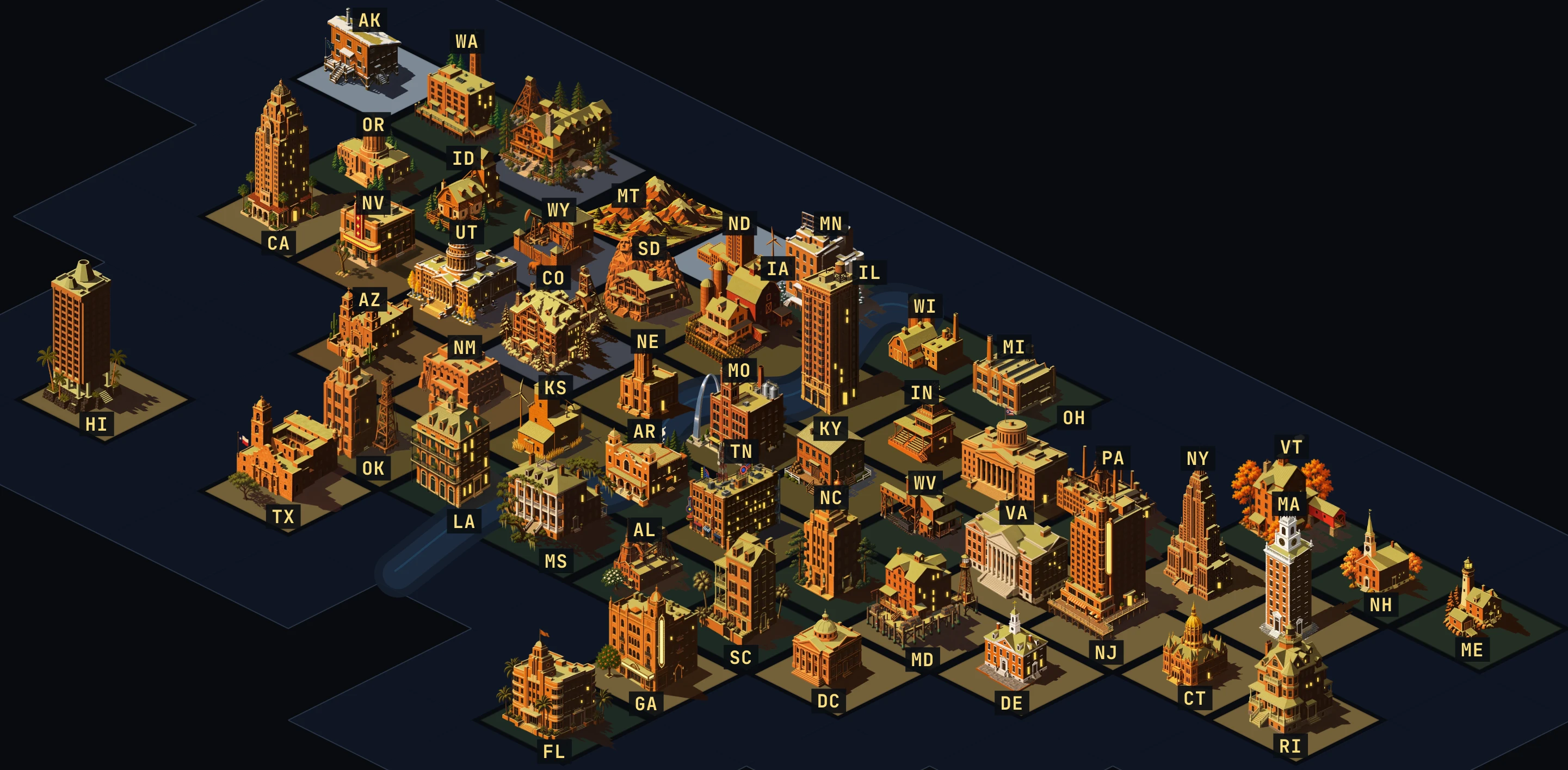 Isometric night city of 51 statehouses laid out as a map of the United States, one building per jurisdiction, with lit windows counting the AI laws each one has enacted. Use the state picker below it to read any one jurisdiction&rsquo;s numbers, laws and quotes.